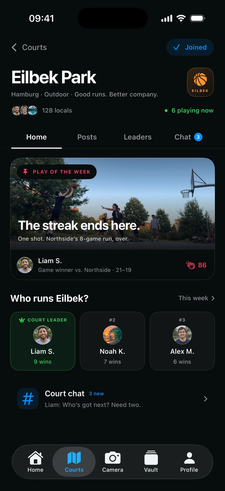 Illustrative Eilbek Park court community, with posts, players, leaders and court chat